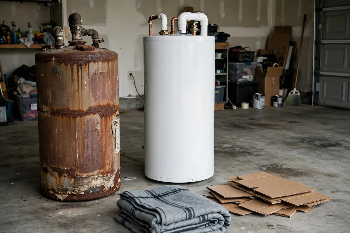 Old rusted water heater beside its new replacement in an Anderson, SC garage — SC Water Heater Services