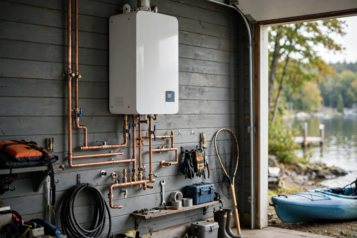 Tankless water heater conversion on an Anderson, SC garage wall — SC Water Heater Services