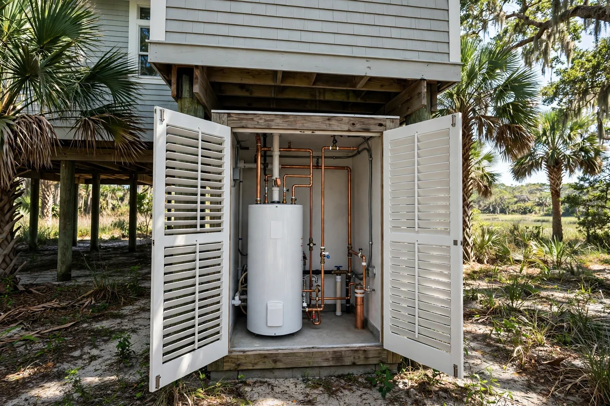 New tank water heater installed in a Beaufort, SC ground-level enclosure — SC Water Heater Services