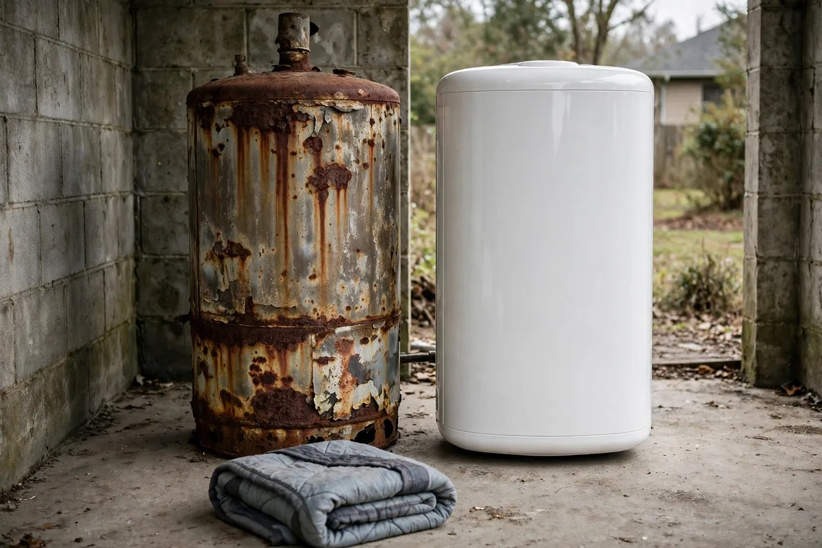 Old corroded water heater beside its new replacement in a Beaufort, SC enclosure — SC Water Heater Services