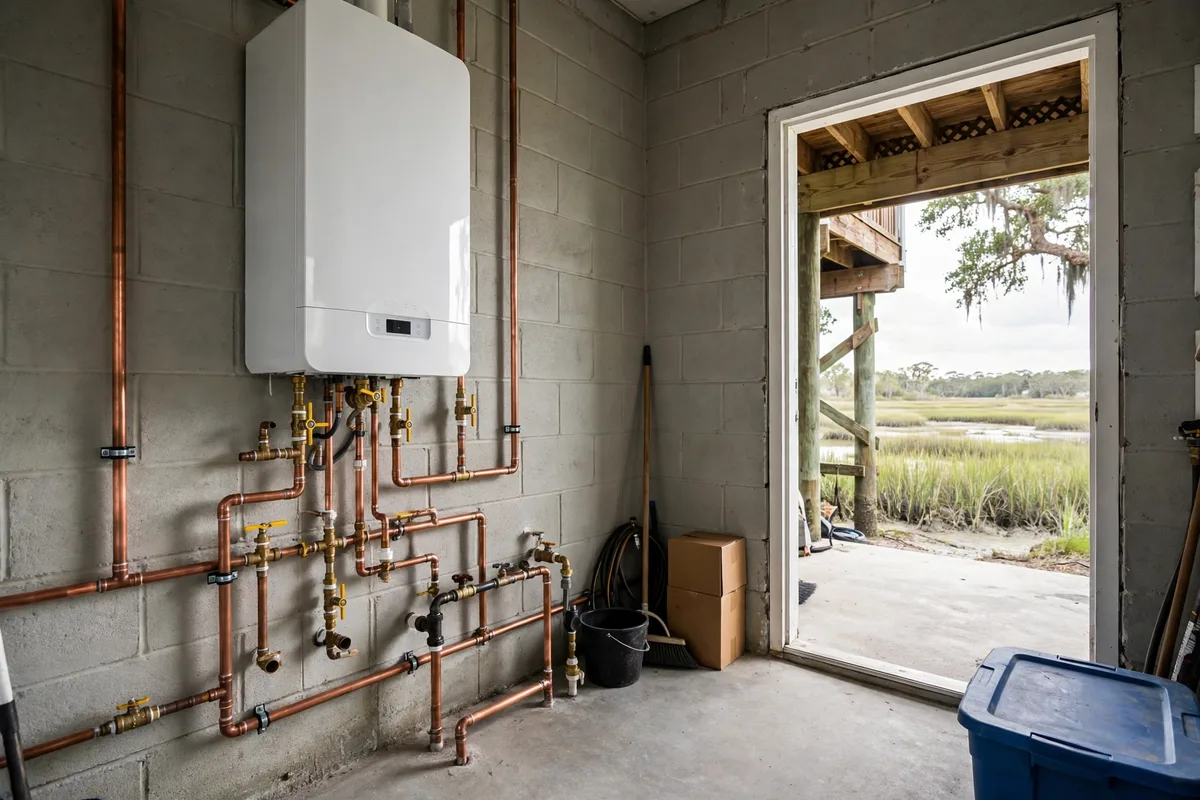 Tankless water heater conversion in a Beaufort, SC ground-floor room — SC Water Heater Services
