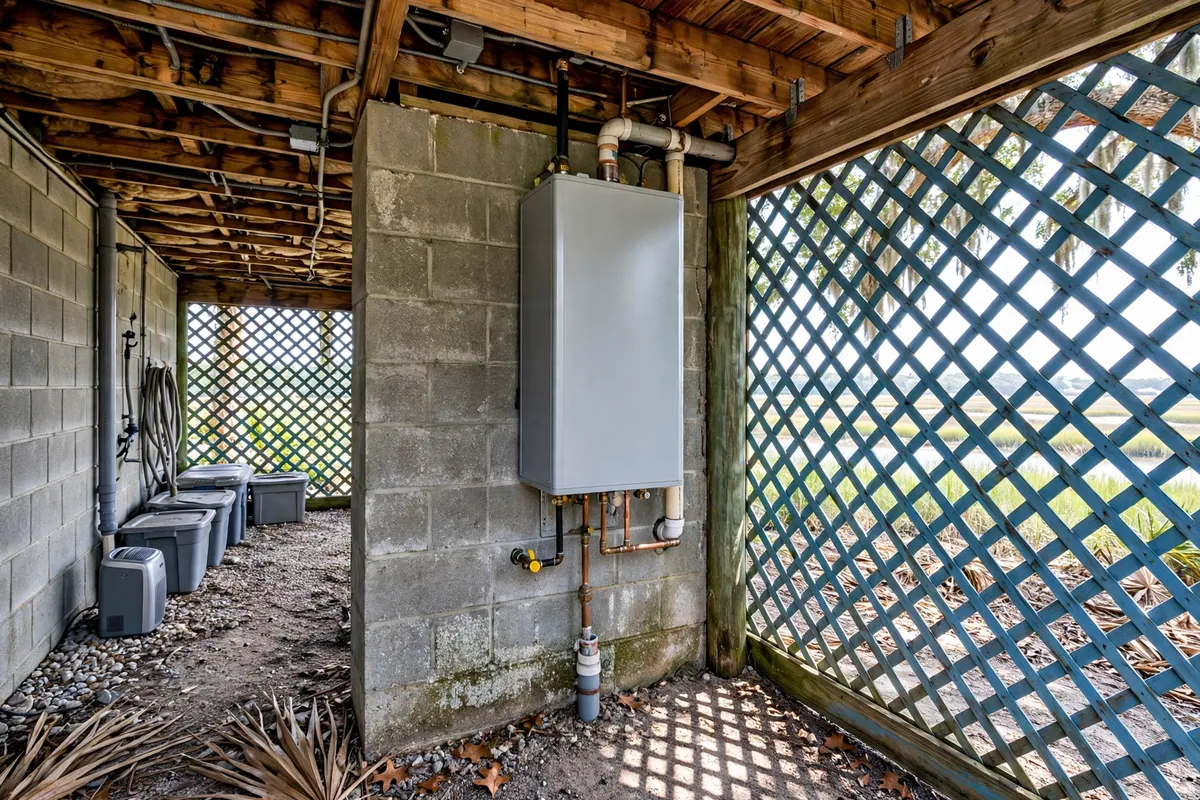Tankless water heater under an elevated Beaufort County home — SC Water Heater Services