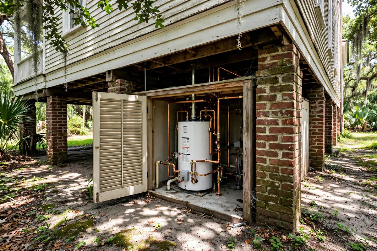 New tank water heater installed under a raised Charleston, SC home — SC Water Heater Services