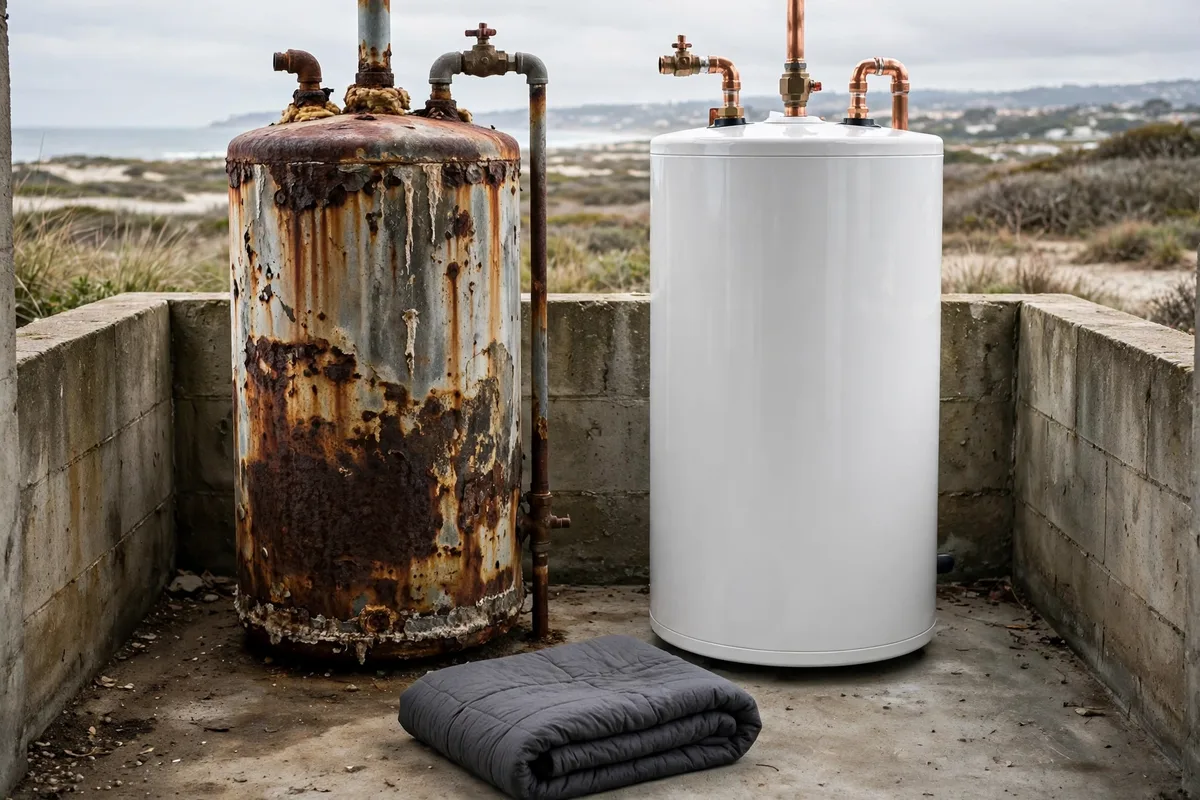 Salt-corroded water heater beside its new replacement in Charleston, SC — SC Water Heater Services
