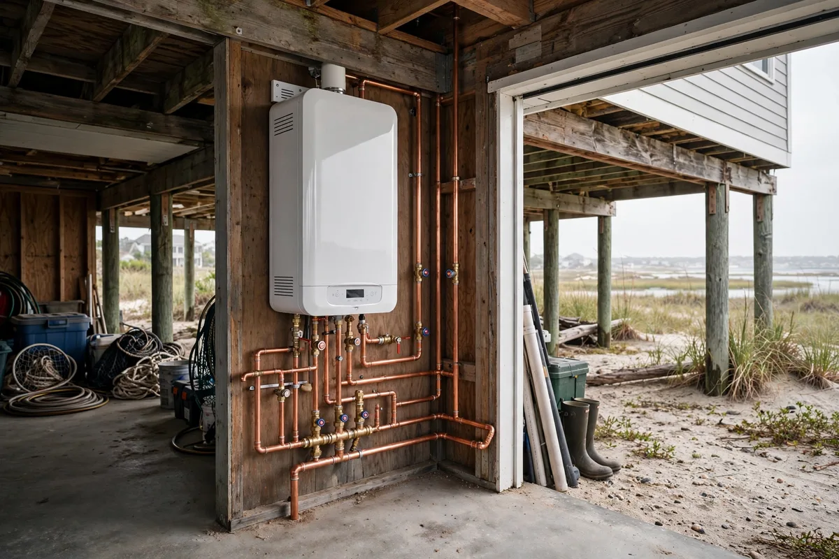 Tankless water heater conversion in a Charleston, SC ground-level room — SC Water Heater Services
