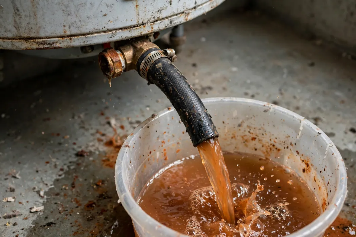 Iron-tinted water being drained from a Florence, SC water heater — SC Water Heater Services