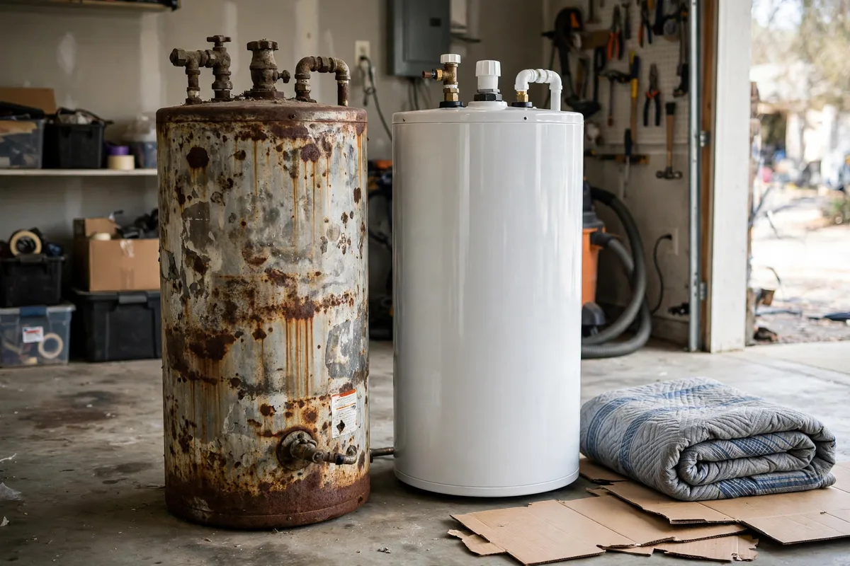 Old rusted water heater beside its new replacement in a Florence, SC garage — SC Water Heater Services