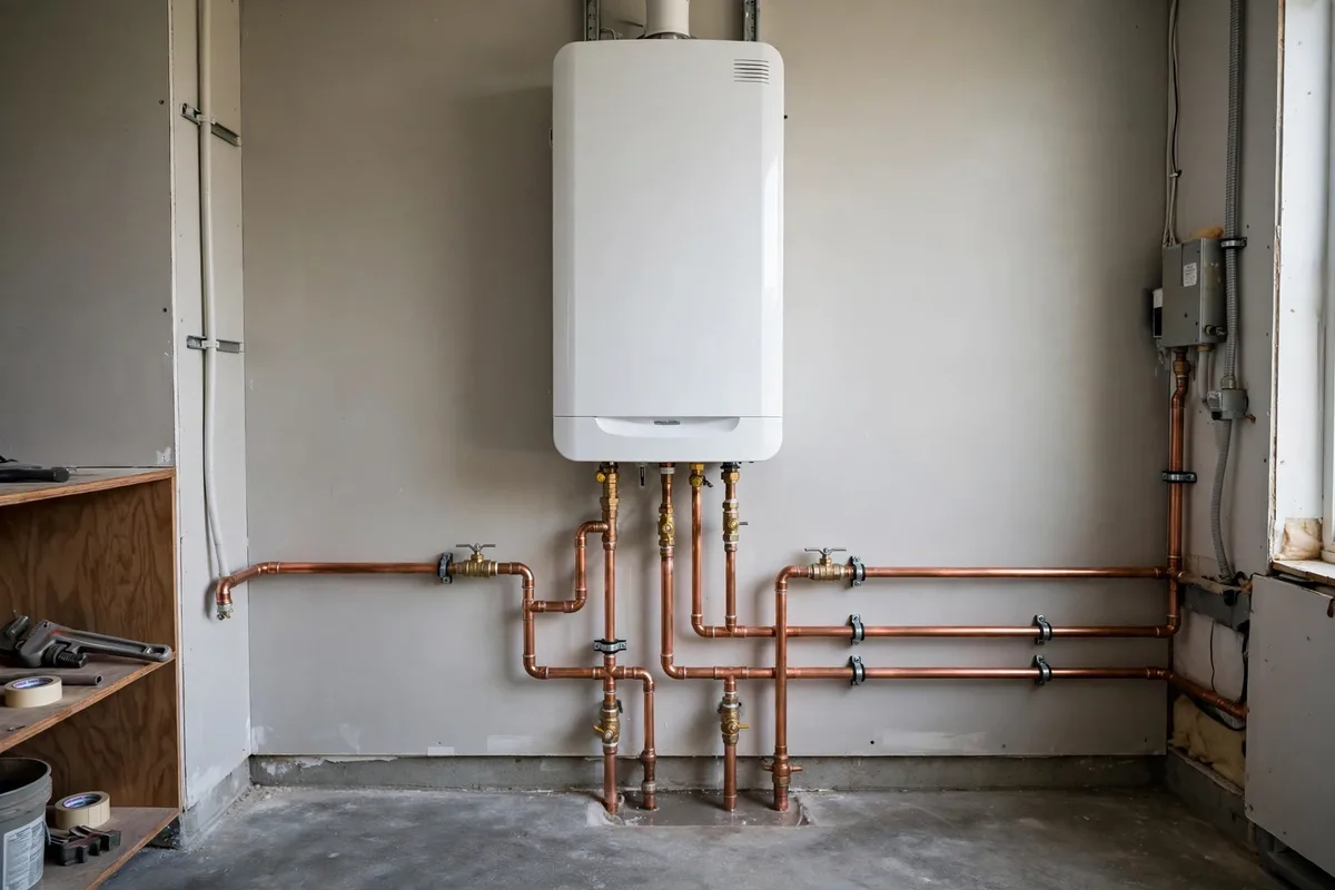Tankless water heater conversion on a Florence, SC utility room wall — SC Water Heater Services