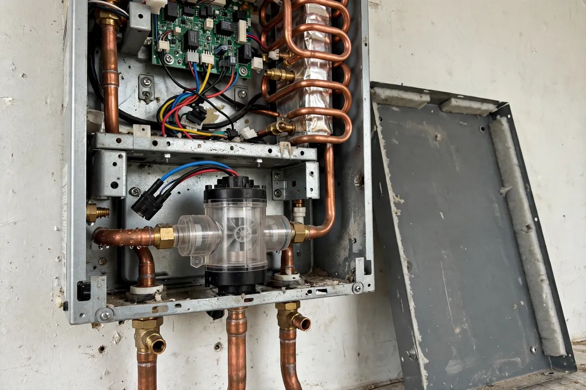 Tankless water heater internals being checked in Florence, SC — SC Water Heater Services