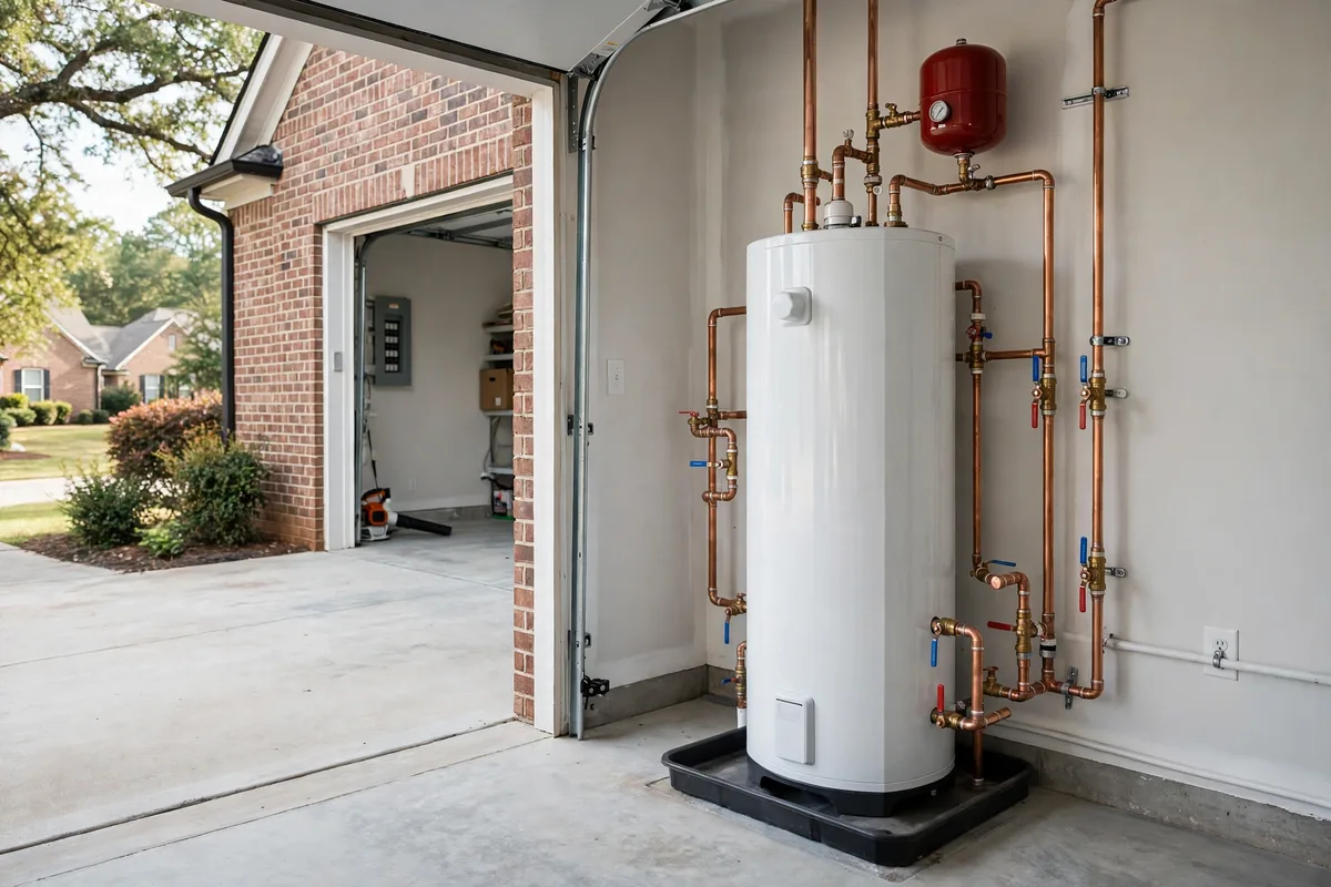 New tank water heater installed in a Greenville, SC garage — SC Water Heater Services