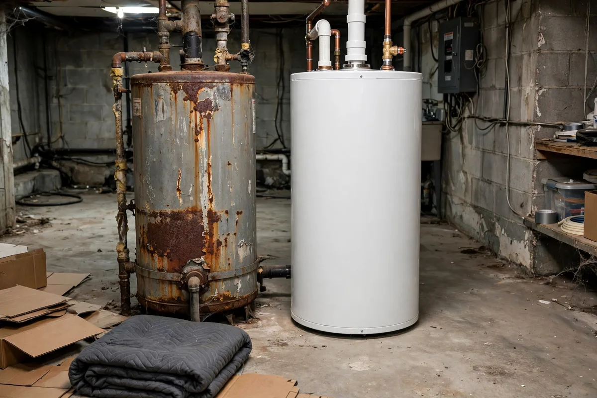 Old rusted water heater beside its new replacement in a Greenville, SC basement — SC Water Heater Services