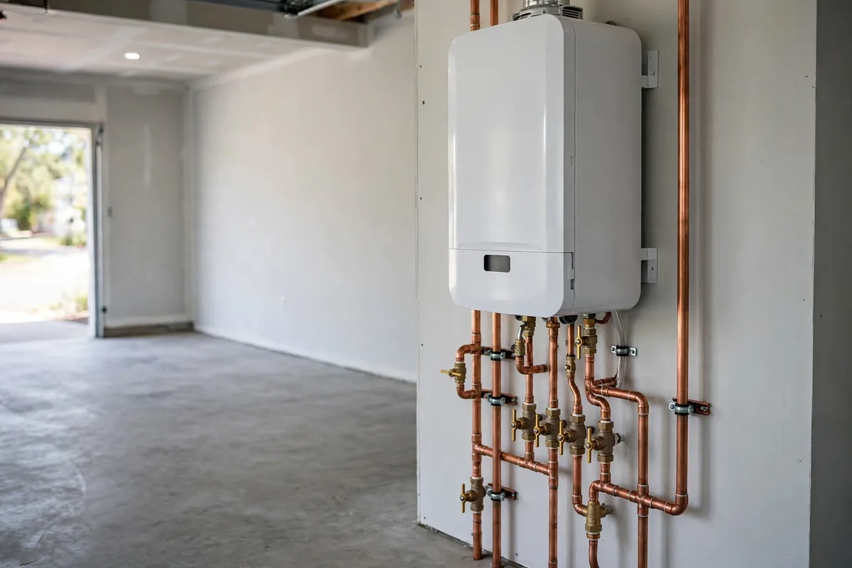Tankless water heater conversion on a Greenville, SC garage wall — SC Water Heater Services
