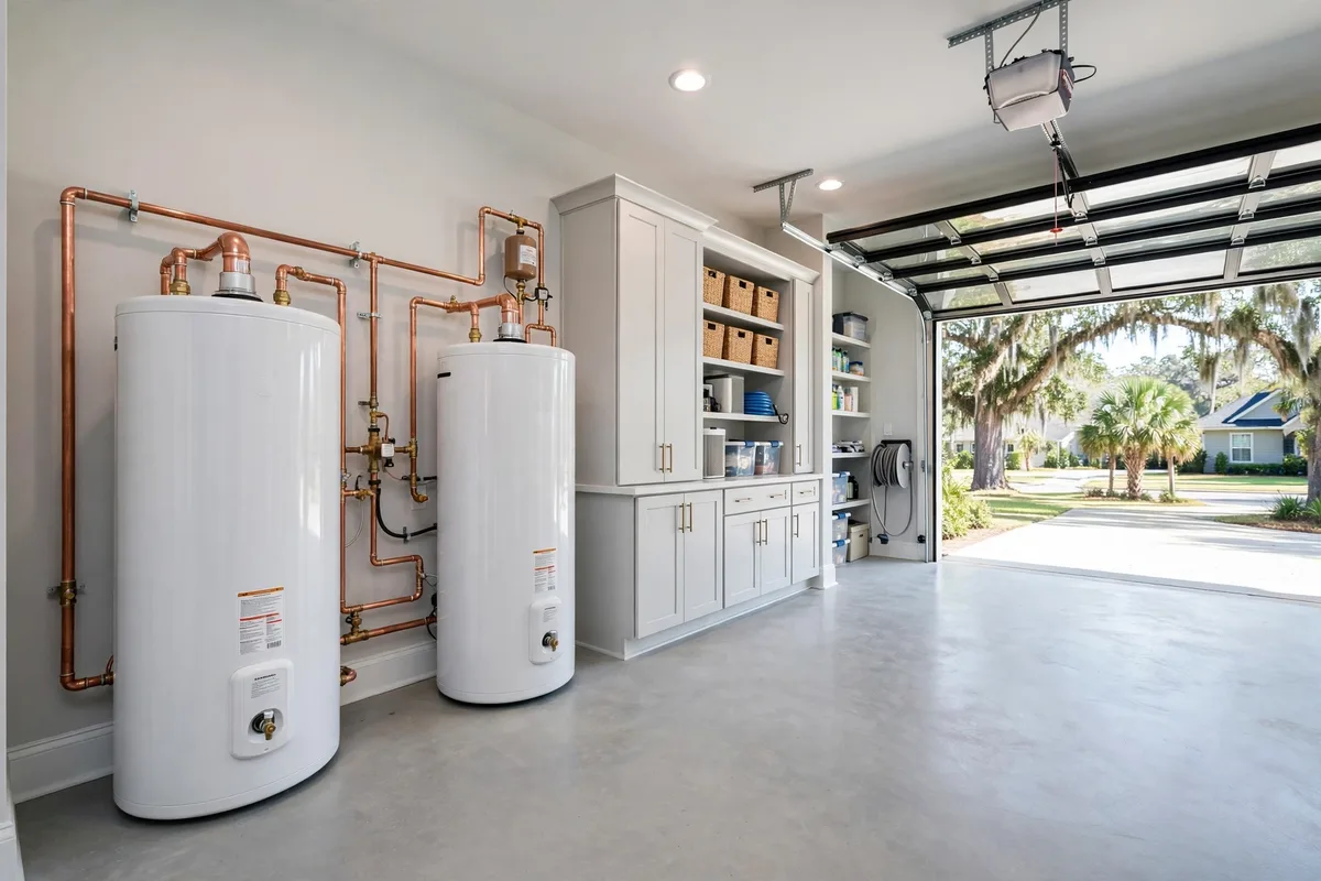 Twin tank water heaters installed in a Mount Pleasant, SC garage — SC Water Heater Services