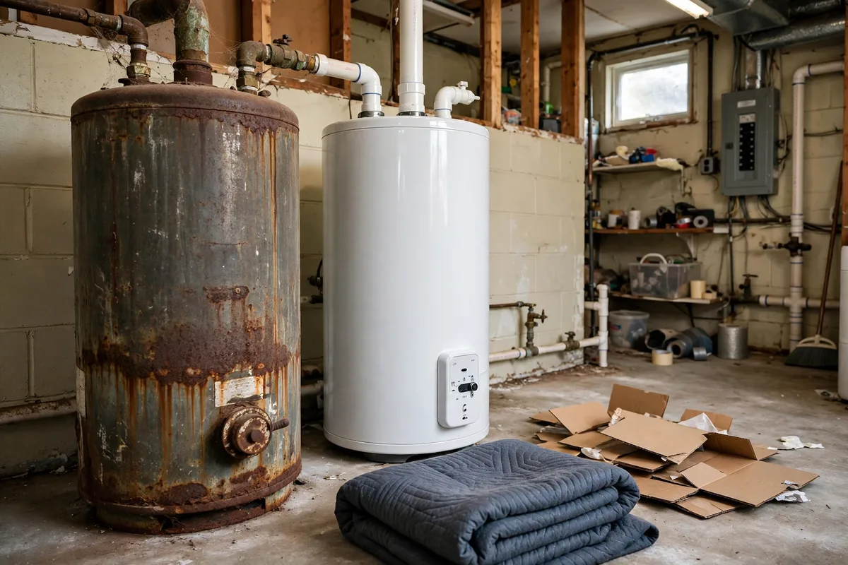 Old rusted water heater beside its new replacement in a Mount Pleasant, SC utility room — SC Water Heater Services