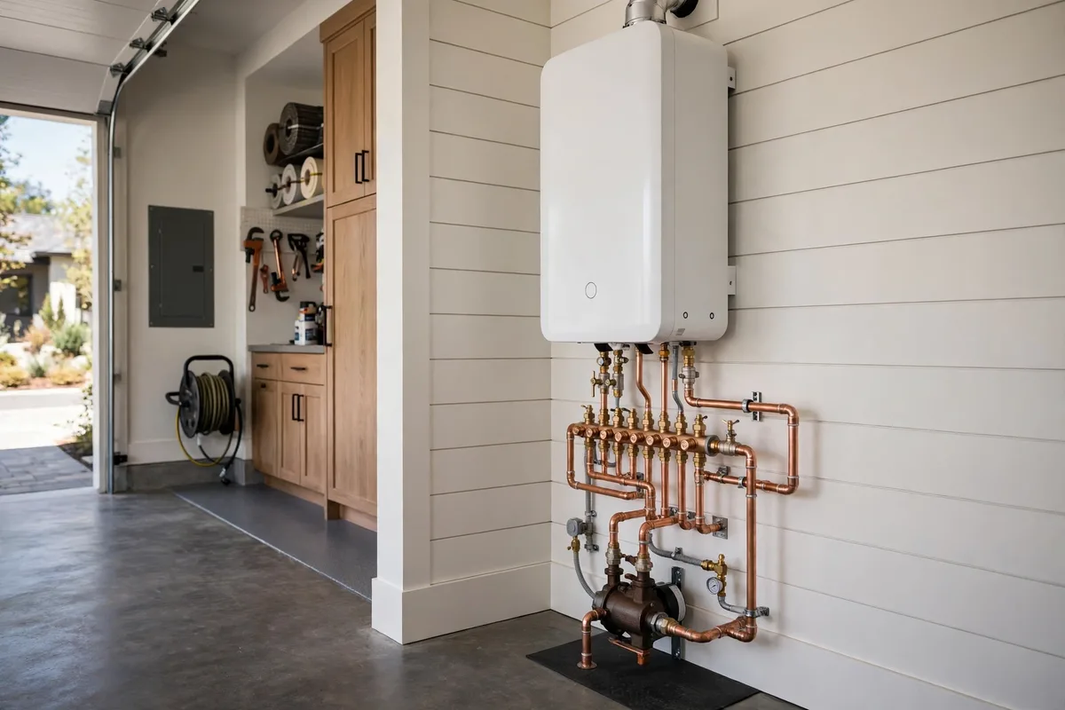 Tankless water heater with recirculation in a Mount Pleasant, SC garage — SC Water Heater Services