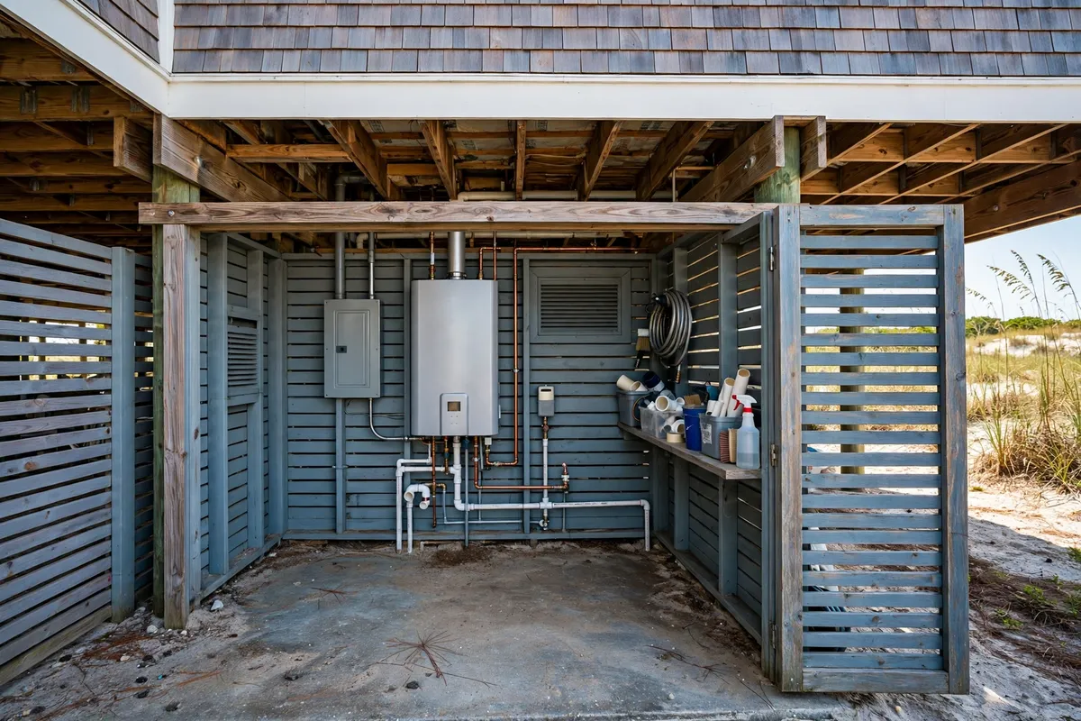 Tankless water heater under an elevated Isle of Palms home — SC Water Heater Services
