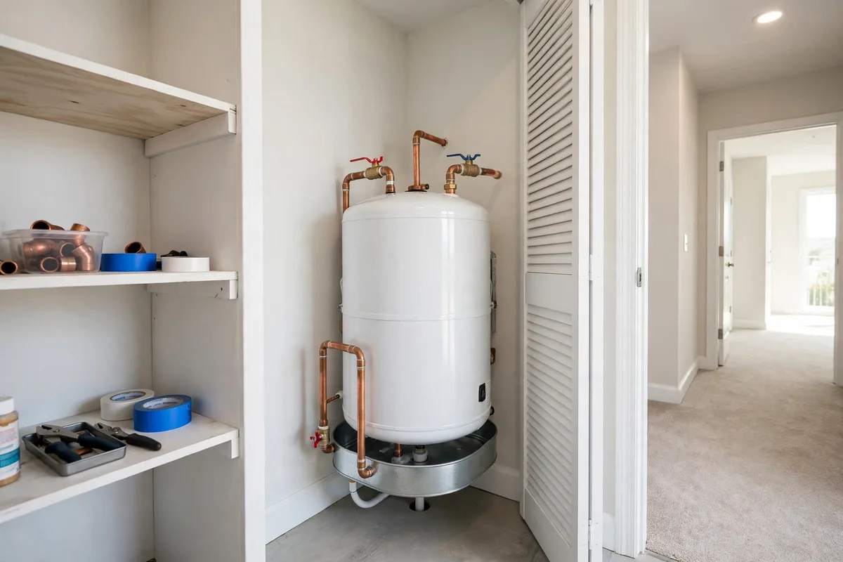 New compact tank water heater installed in a Myrtle Beach, SC condo closet — SC Water Heater Services