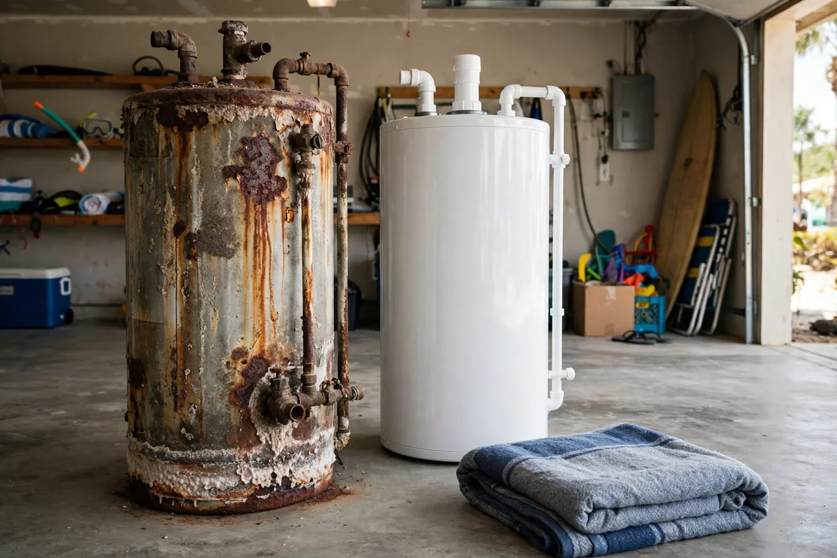 Salt-corroded water heater beside its new replacement in a Myrtle Beach, SC garage — SC Water Heater Services