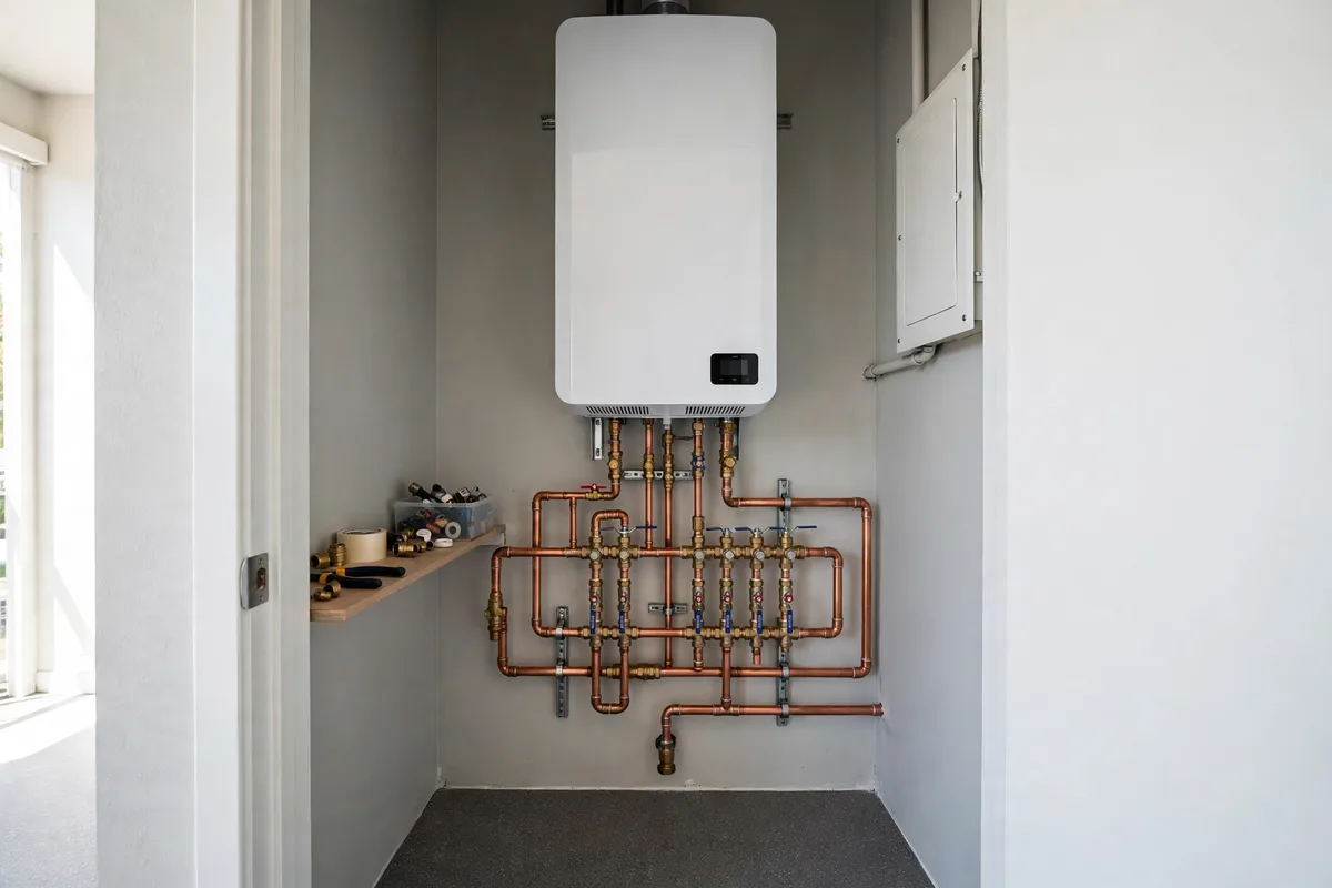 Tankless water heater conversion in a Myrtle Beach, SC utility closet — SC Water Heater Services