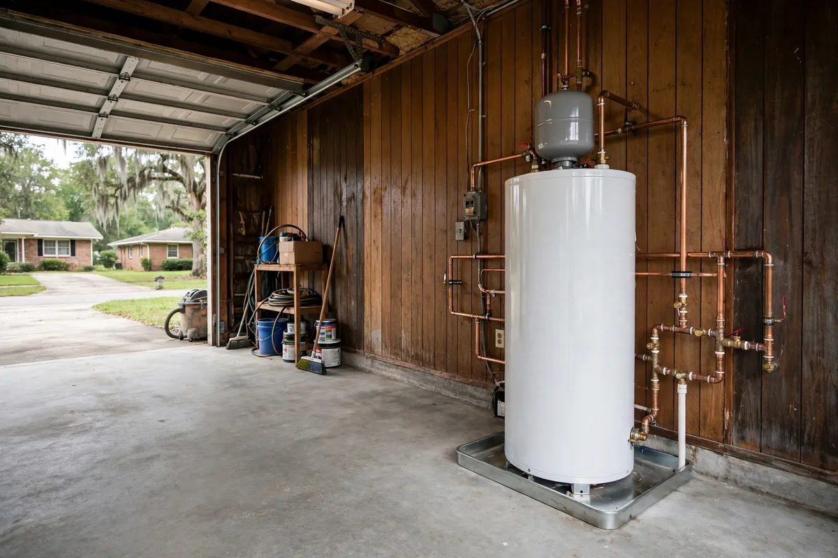New tank water heater installed in a North Charleston, SC ranch home garage — SC Water Heater Services