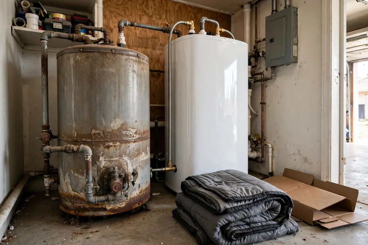 Old sediment-stained water heater beside its new replacement in North Charleston, SC — SC Water Heater Services