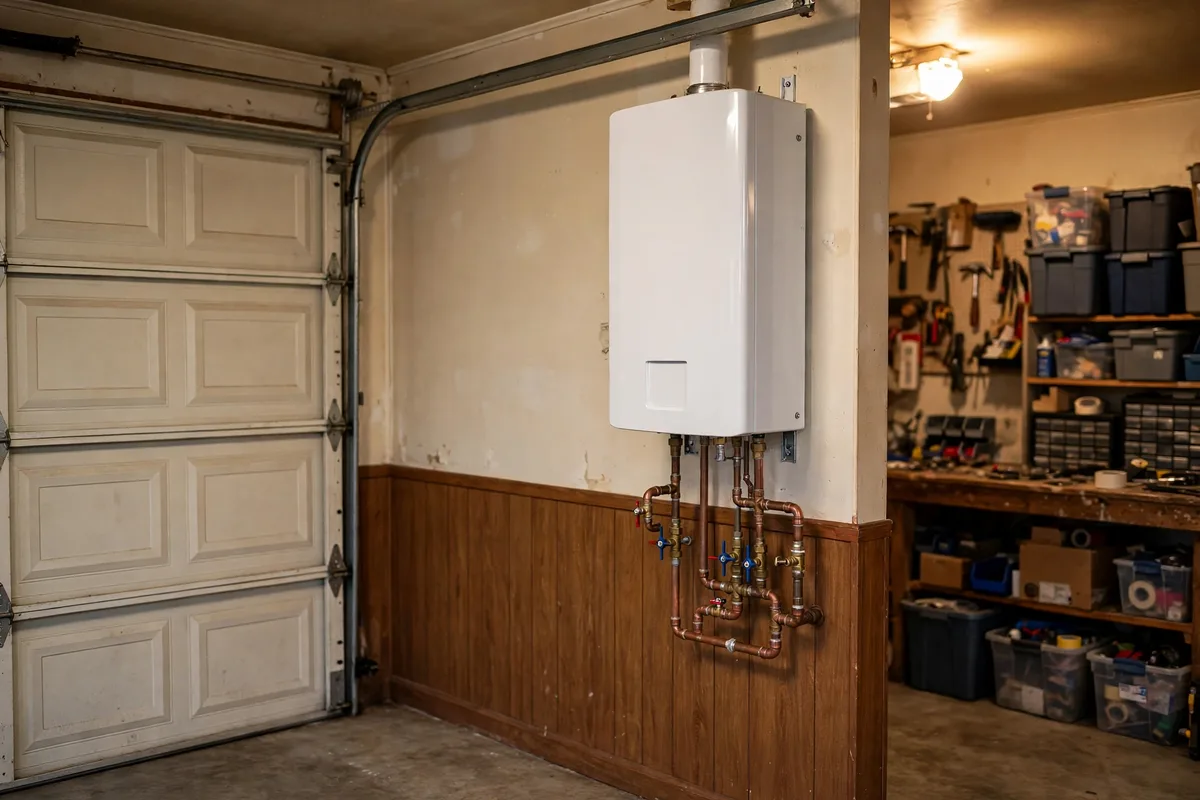 Tankless water heater conversion on a North Charleston, SC garage wall — SC Water Heater Services