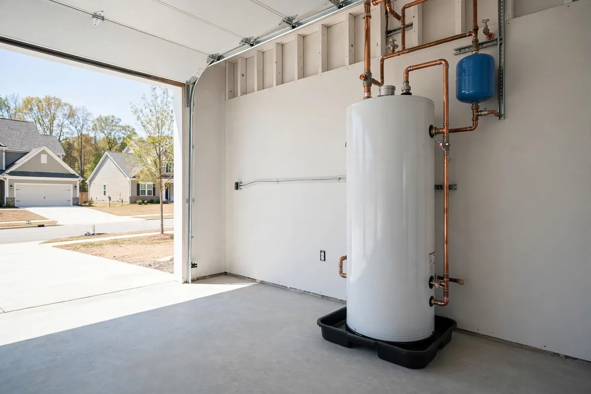New tank water heater installed in a Rock Hill, SC new-build garage — SC Water Heater Services