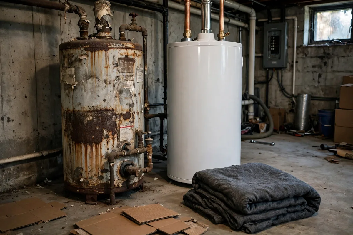 Old rusted water heater beside its new replacement in a Rock Hill, SC basement — SC Water Heater Services