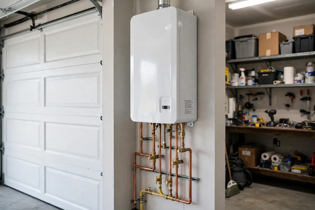 Tankless water heater conversion on a Rock Hill, SC garage wall — SC Water Heater Services