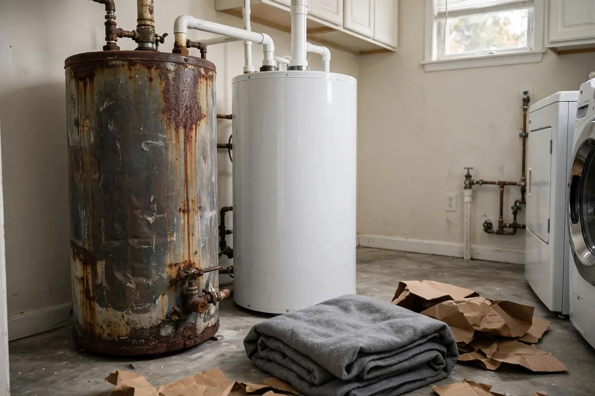 Old rusted water heater beside its new replacement in a Spartanburg, SC laundry room — SC Water Heater Services