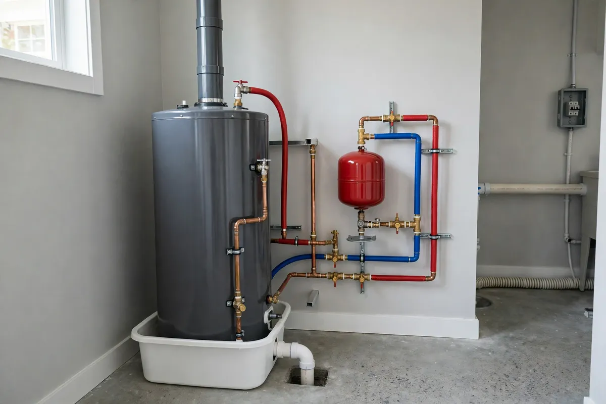 Finished water heater installation with drain pan in South Carolina — SC Water Heater Services