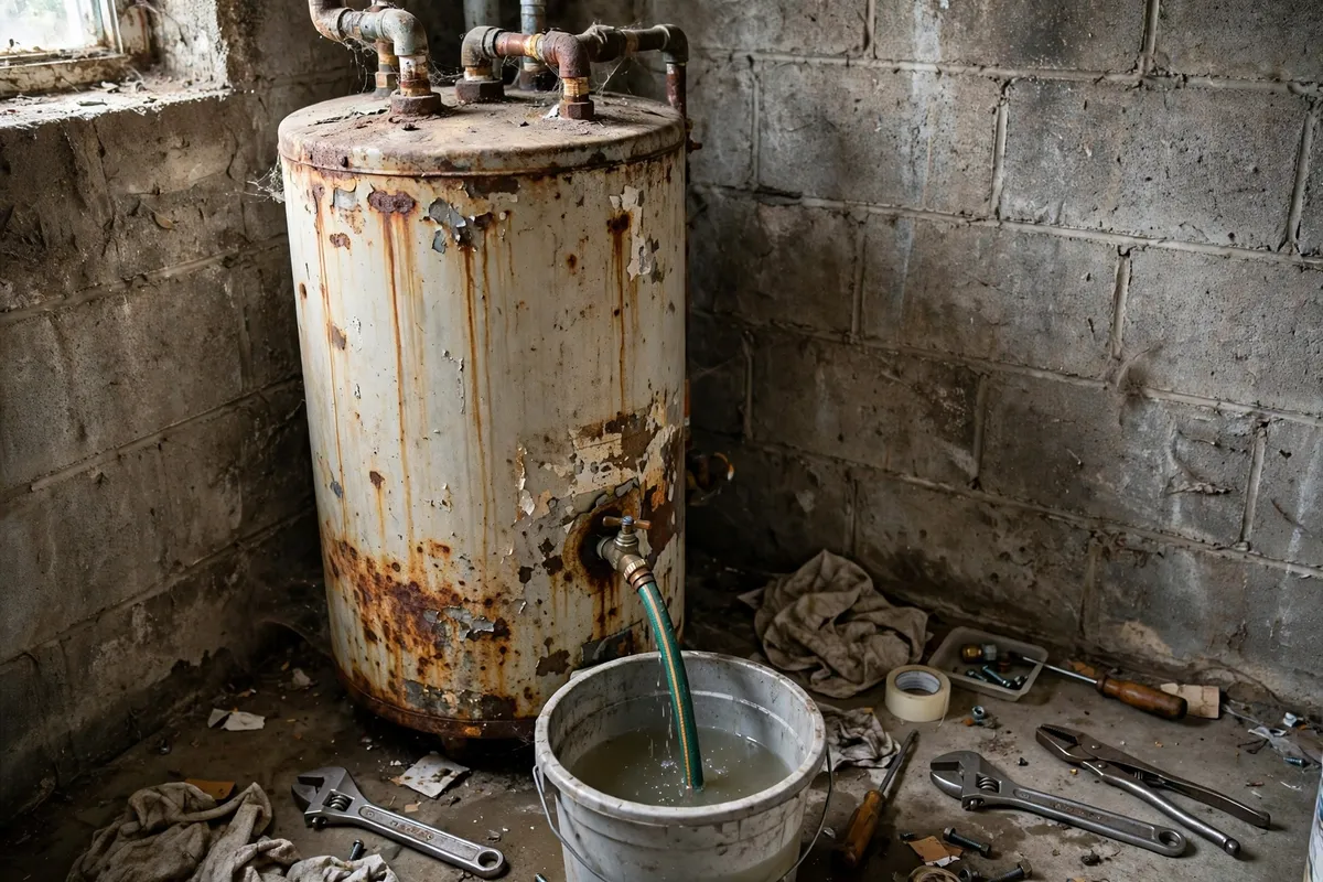 Old water heater being drained before replacement in South Carolina — SC Water Heater Services