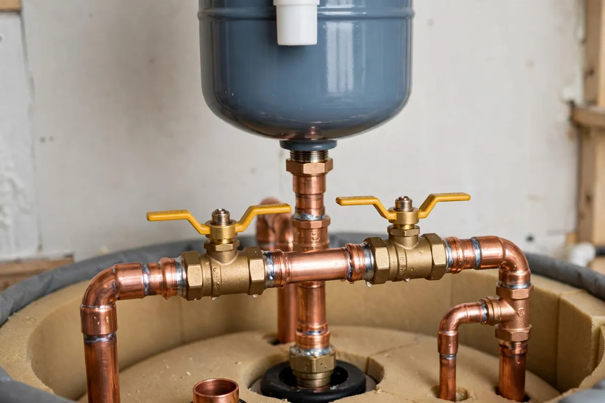 New copper connections and expansion tank on a water heater install in South Carolina — SC Water Heater Services