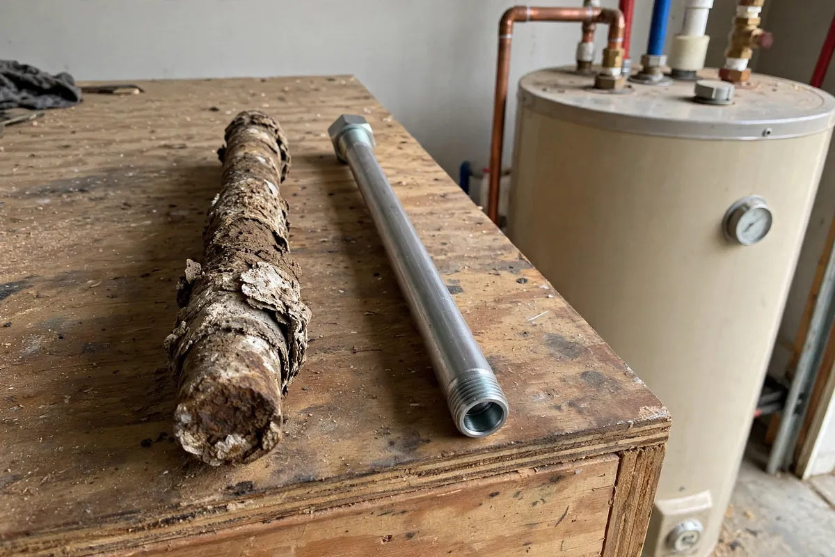 Worn anode rod beside a new one from a South Carolina water heater — SC Water Heater Services
