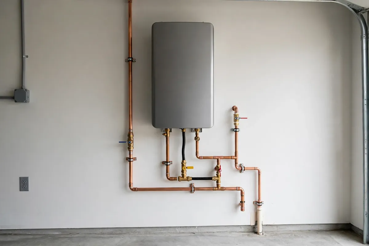 Finished tankless water heater installation in a South Carolina garage — SC Water Heater Services