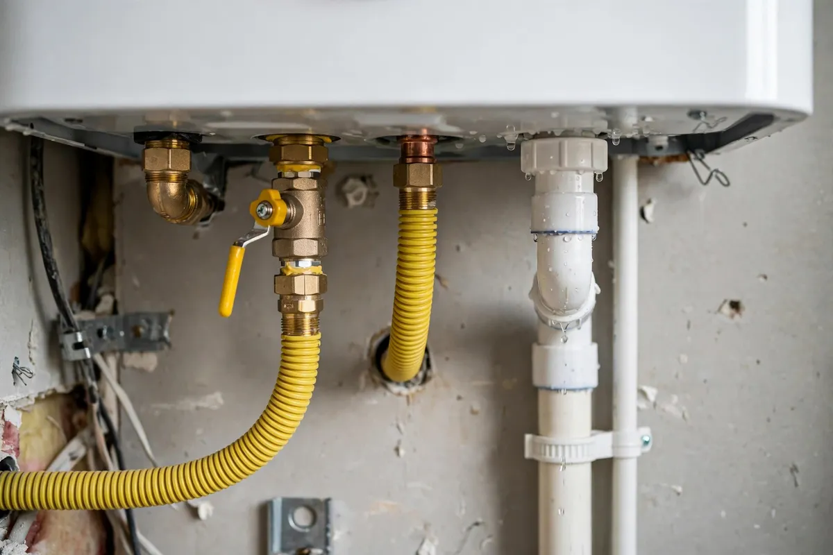Gas line and condensate drain being fitted to a tankless water heater in South Carolina — SC Water Heater Services