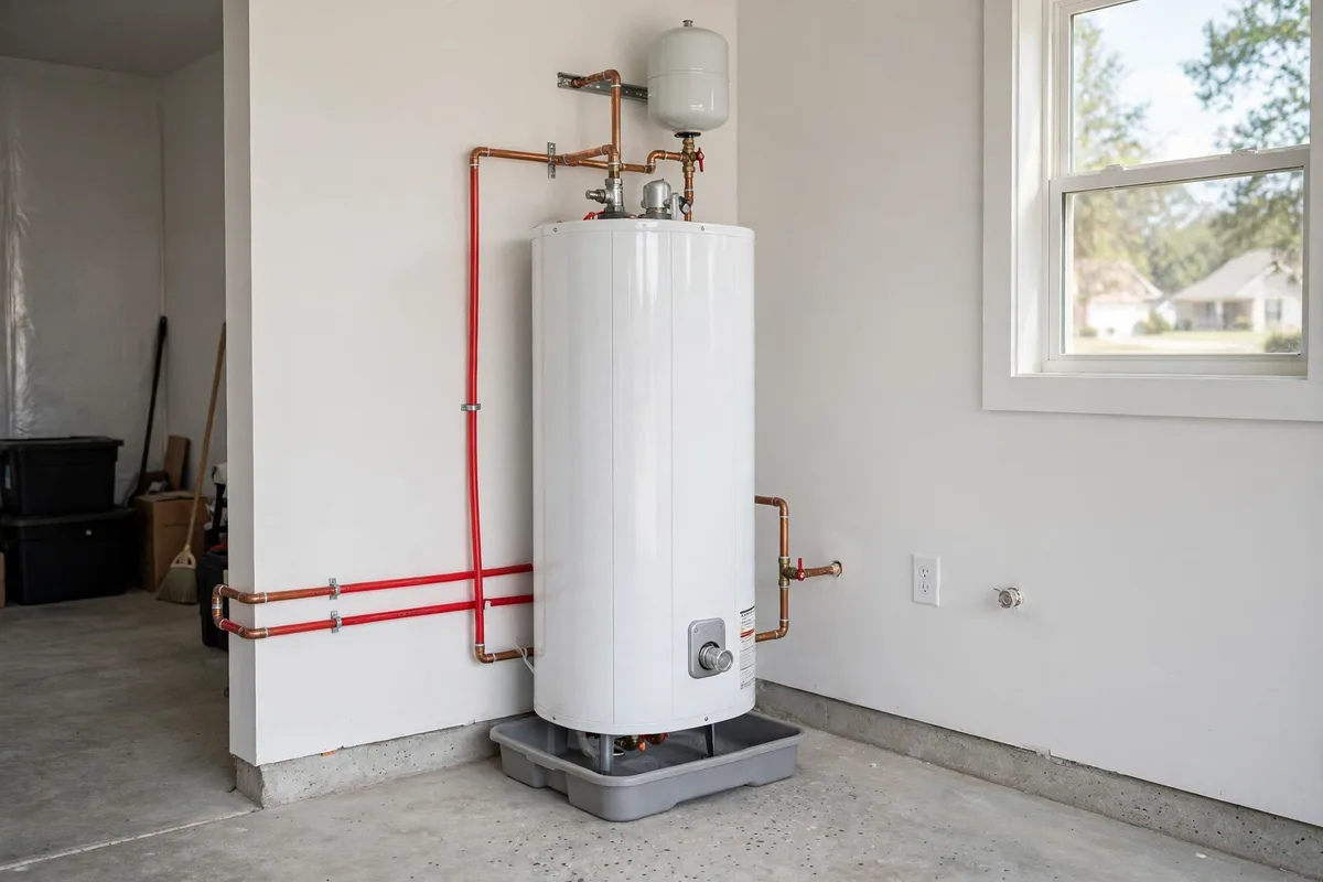 New tank water heater installed in a Summerville, SC garage — SC Water Heater Services