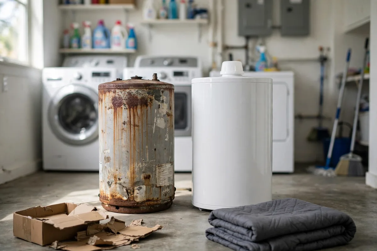 Old rusted water heater beside its new replacement in a Summerville, SC laundry room — SC Water Heater Services