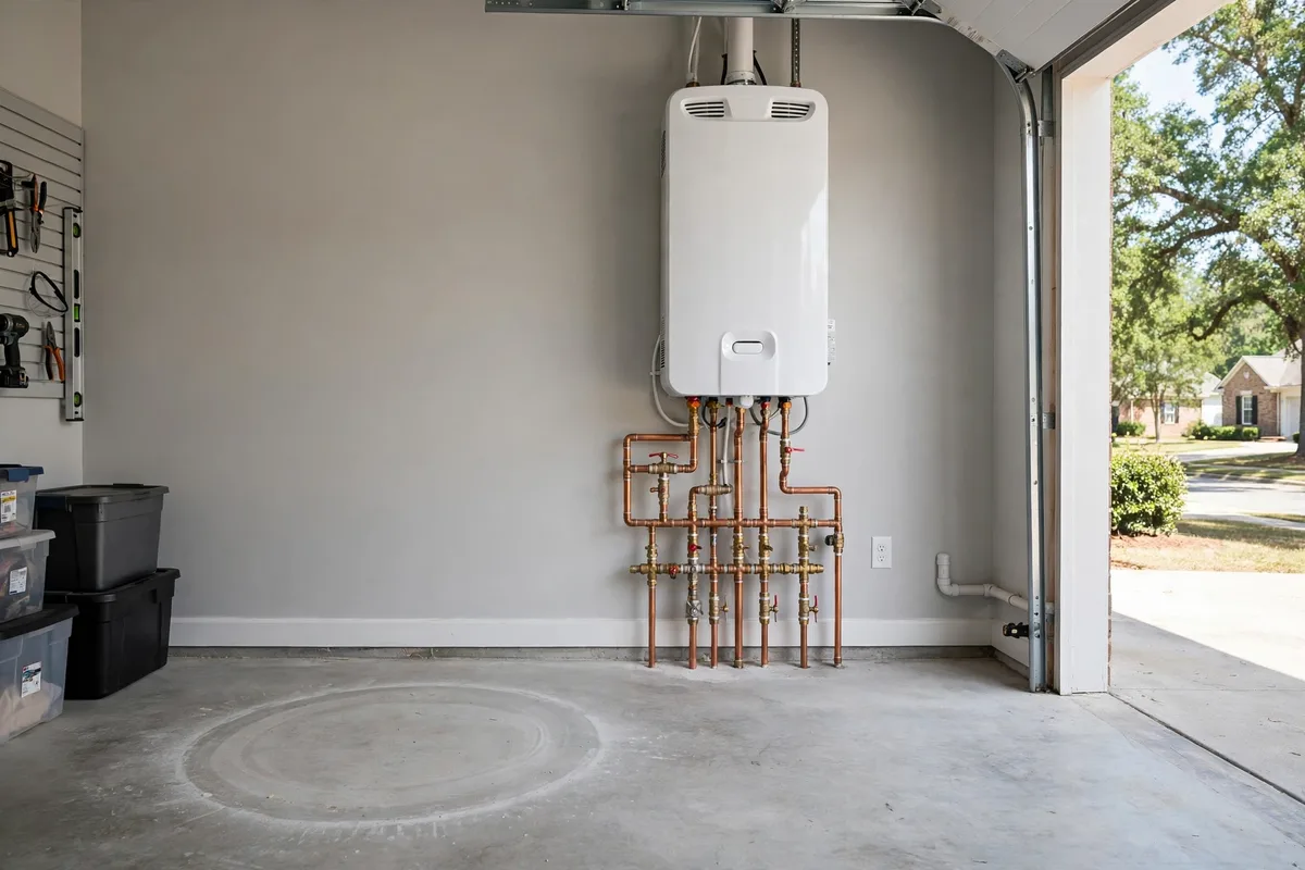 Tankless water heater conversion on a Summerville, SC garage wall — SC Water Heater Services