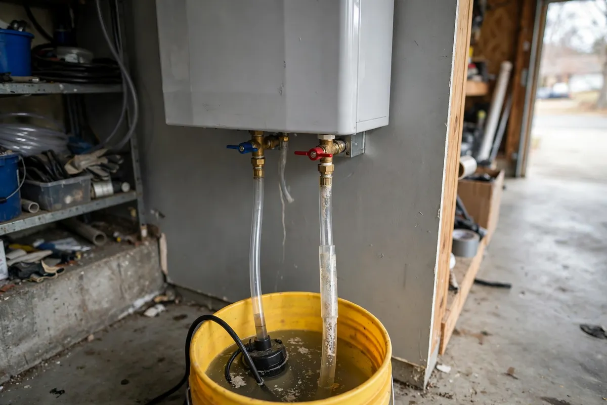 Tankless water heater flush in a Summerville, SC garage — SC Water Heater Services