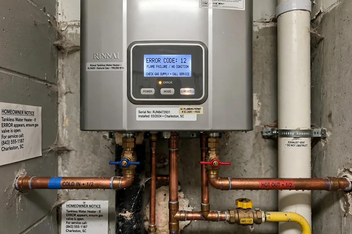 Tankless water heater showing an error code in a South Carolina home — SC Water Heater Services